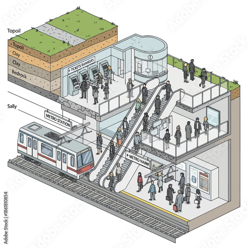3D Illustration of Busy Train Station with People.
