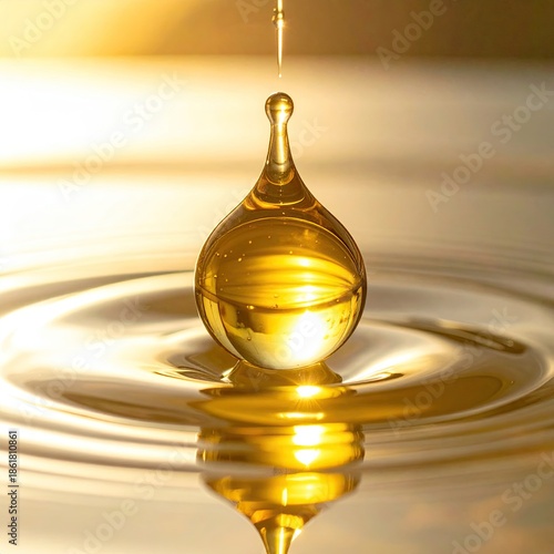 Golden liquid droplet forming a perfect sphere, causing ripples below