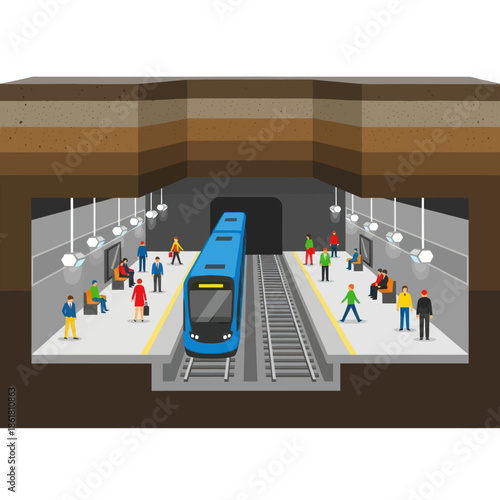 Blue Train Arriving at Subway Station Platform.