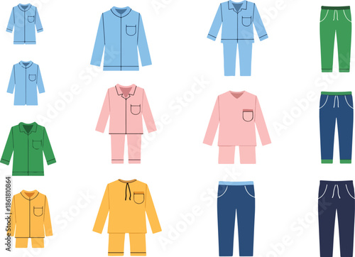 Assortment of illustrated longsleeved pajama tops bottoms and sets in various colors