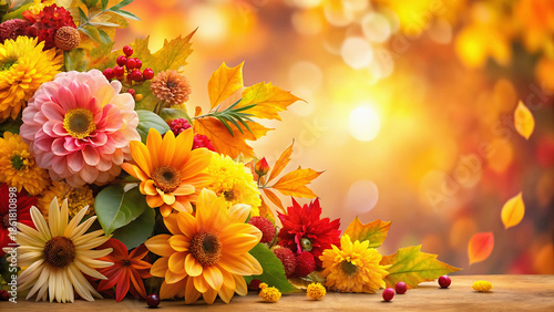 Vibrant autumn flowers and leaves in a warm golden background with yellow orange hues