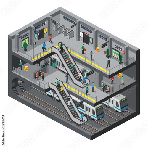 Isometric View of Busy Train Station Platform.