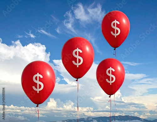Red balloons with dollar signs ascend in a bright blue sky
