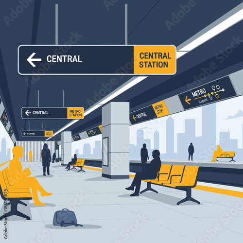 Central Station Subway Platform with Signage.
