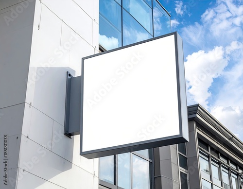 Blank square illuminated sign mounted on a building facade