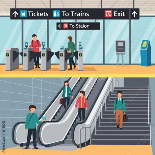 People using escalators and ticket machines.