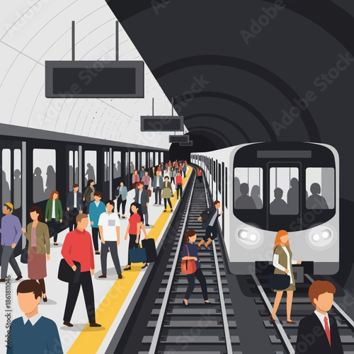 Crowded Subway Station with Train and People.