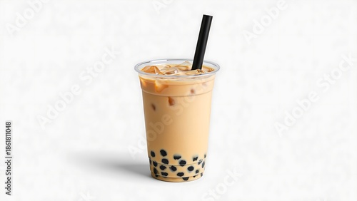 Iced Pearl Milk Tea in Clear Plastic Cup with Black Straw and Boba Pearls
