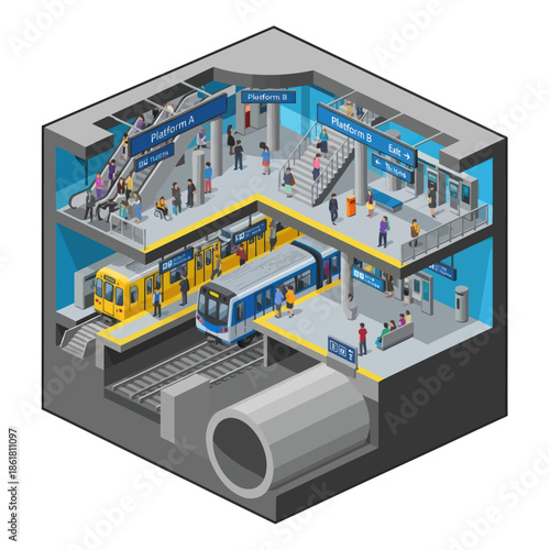 Underground Metro Station with People and Trains.