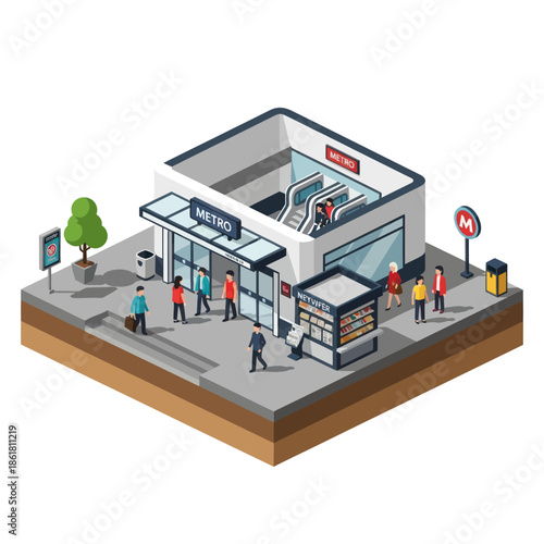Metro Station Entrance with People Walking.