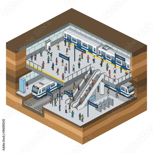 Isometric View of Subway Station with People.