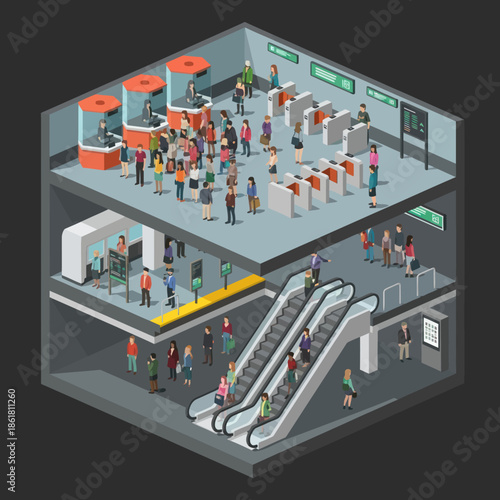 Isometric View of Busy Shopping Mall Scene.