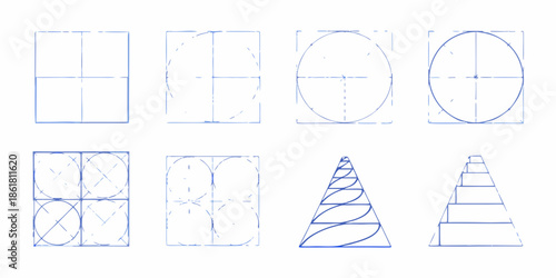 Geometric shapes in blue sketches squares circles triangles and their variations
