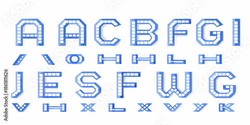 Digital alphabet letters in blue designed with a pixelated blocky style