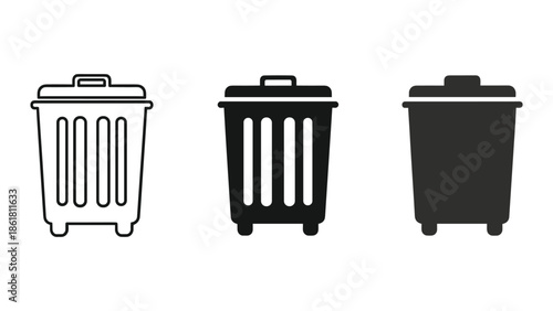 Three different styles of trash can icons on white background