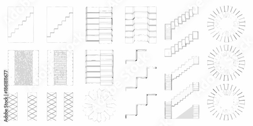 Architectural patterns and abstract geometric designs presented in a black and white illustration