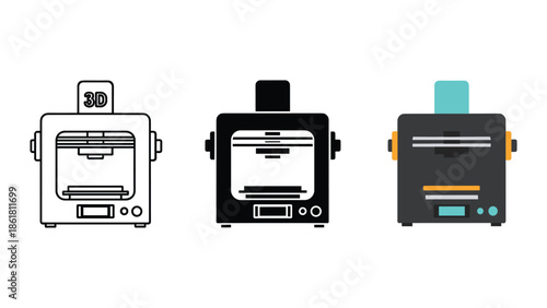 Three different 3d printer icons in various styles