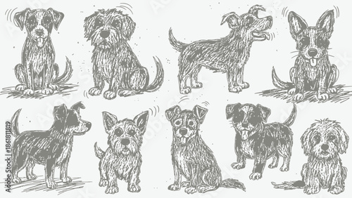 A collection of ten hand-drawn sketchy illustrations of various cute and playful dogs in different poses and styles.