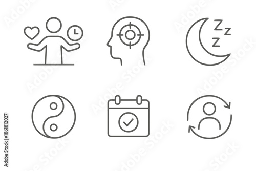 Self care line icon set includes love time mental health moon sleep calendar