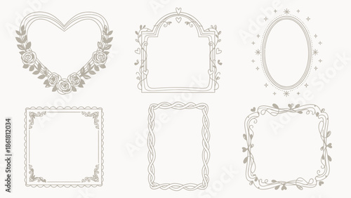 A collection of six elegant and ornate decorative frames in various shapes and styles, including heart, arch, oval, square, and rectangular designs with floral and intricate patterns.