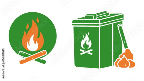 Two green icons depicting a campfire in a circle and a trash can with a campfire symbol and waste next to it.