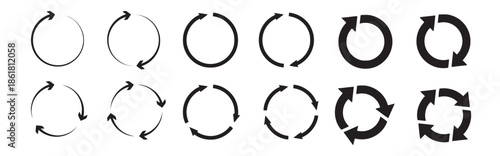 Series of Circular Arrow Vector Icons Representing Process Rotation and Recycling with Continuous Loop or Cycle Isolated on White Backdrop Simple Design 200 Char