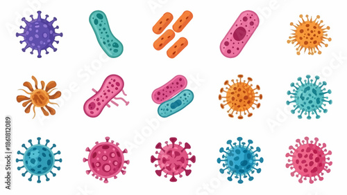 A vibrant collection of diverse microscopic organisms, including various types of viruses and bacteria, depicted in a colorful and illustrative style.