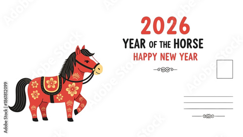 A festive red horse with floral patterns on a Chinese New Year 2026 postcard design, wishing a Happy New Year.