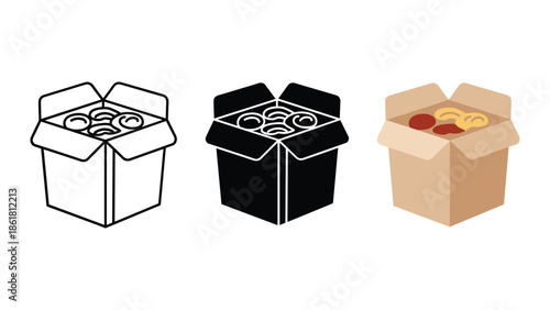 Three open boxes with different contents and designs