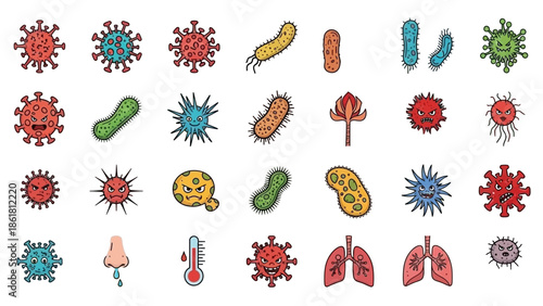 Collection of cartoon virus, bacteria, and microbe icons with medical and health-related symbols.