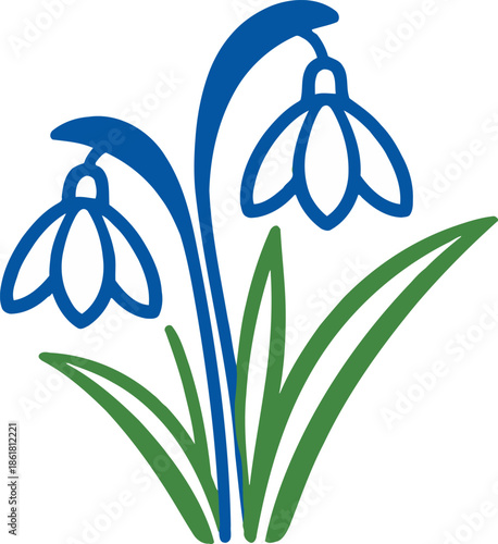 Stylized flower illustration set featuring two blue snowdrops with green leaves for spring themes
