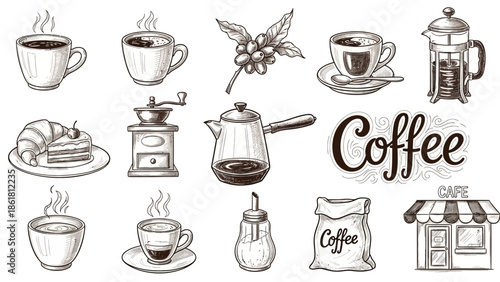 Hand-drawn sketch collection of various coffee-related items including cups, pots, grinder, French press, beans, and a coffee shop facade with a croissant.