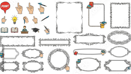 A comprehensive collection of graphic resources featuring various hand gestures, educational icons like books and graduation caps, and an assortment of ornate and simple decorative frames and borders.