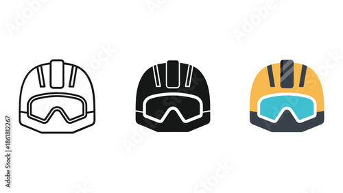 Collection of different color helmets with goggles