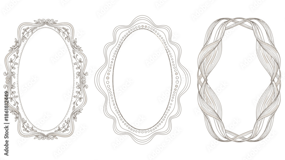 Obraz premium Three elegant oval frames with intricate designs, including ornate floral, wavy scalloped, and abstract intertwined patterns.
