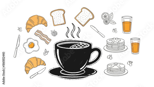Hand-drawn illustration of a delicious breakfast spread with coffee, croissants, toast, eggs, bacon, pancakes, and orange juice.