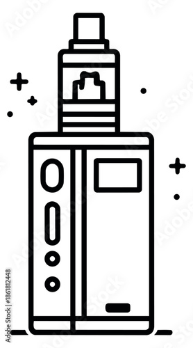 Line art illustration of a vape device depicting a modern electronic cigarette for smoking alternative or recreation