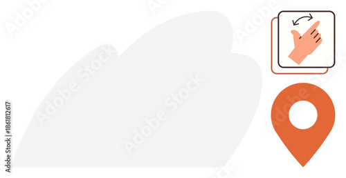 Hand gesture with arrow indicating swipe action alongside an orange location pin representing navigation, movement, and mapping. Ideal for travel, navigation, directions, mobility, guidance