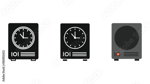 Simple icon set of alarm clocks and speaker