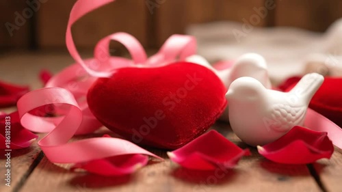 Valentine's Day romantic scene with a red velvet heart, rose petals, pink ribbon, and a white dove