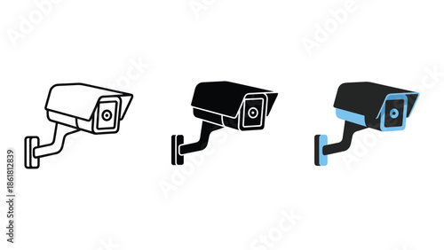 Cctv camera icons in different styles on white background