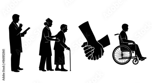 Healthcare and Elder Care Silhouette Set Featuring Doctor, Nurse Assisting Senior, Holding Hands, and Wheelchair Patient