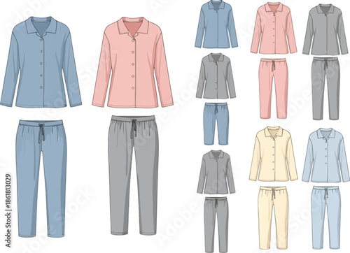 Collection of pajama set illustrations in various colors and styles