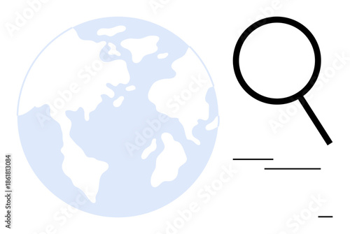 Magnifying glass investigating world map, symbolizing global search, research, analysis, and discovery. Ideal for science, technology, data geography education exploration learning. Simple flat
