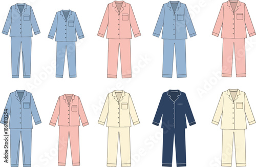 Collection of ten pajama sets illustrated in two rows