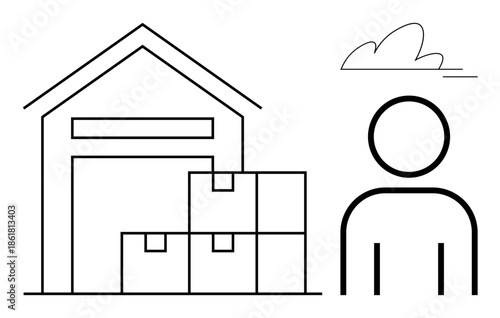 Warehouse logistics, inventory management, supply chain, shipping, productivity, business operations. A warehouse with stacked boxes and a person figure. Warehouse logistics and inventory management