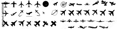 Set of airplane silhouette simple design for web decoration and icon black and white isolated on white background