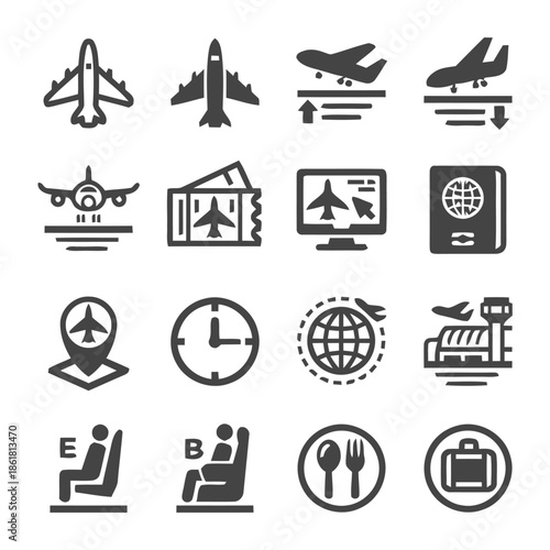 Set of airport icons in black and white