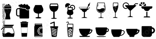 Set of alcohol drinks coffee drinks beverages cocktails cups in glass vector icons isolated on white background