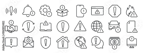 Set of Alert and Warning Line Icons such as Exclamation, Bell, Gear, Box, Phone, Website, Fire, Handshake, Laptop, Globe, Car, Message and Shield